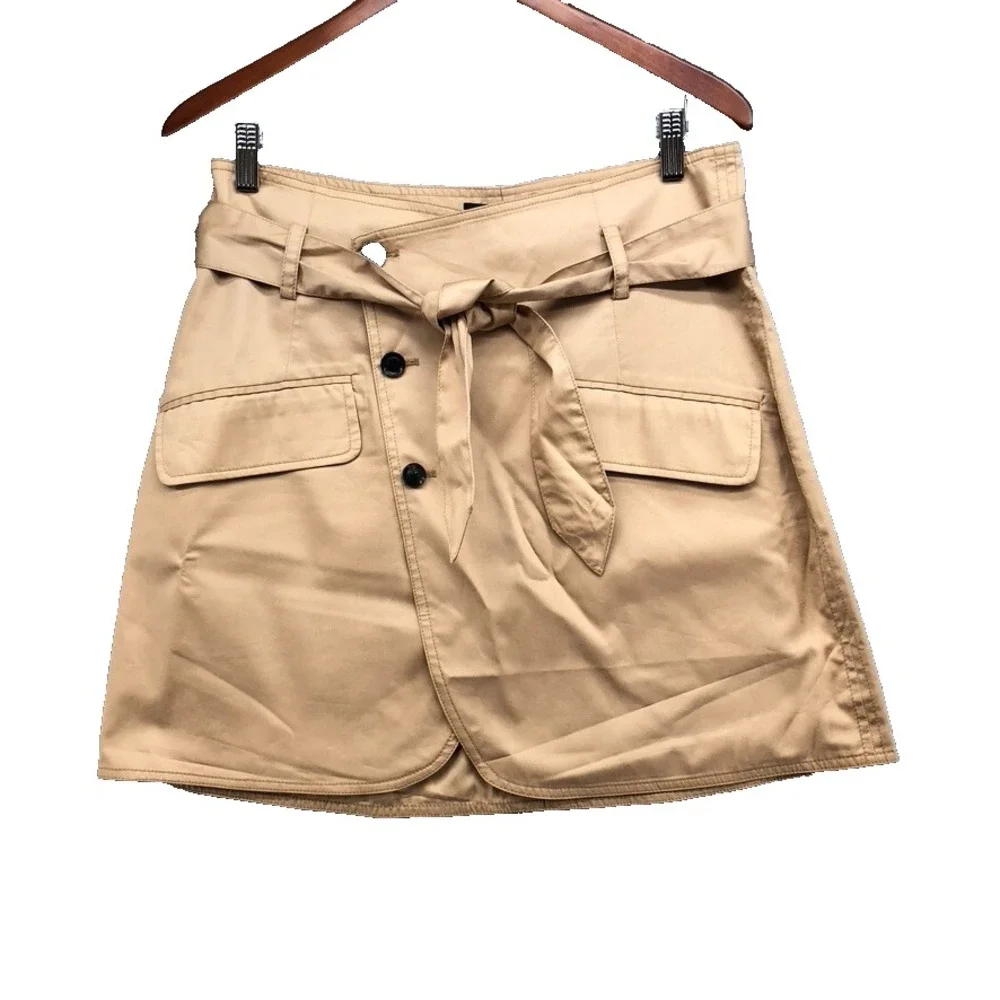 Marissa Webb Katrina‎ Cotton Sateen Mini Skirt Womens 10 Latte Beige Wrap Belted